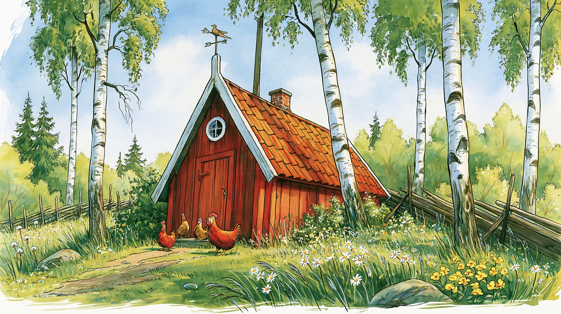 A red timber coop with a tiled roof among birches, a weathervane on the gable, and four hens on the path outside it.