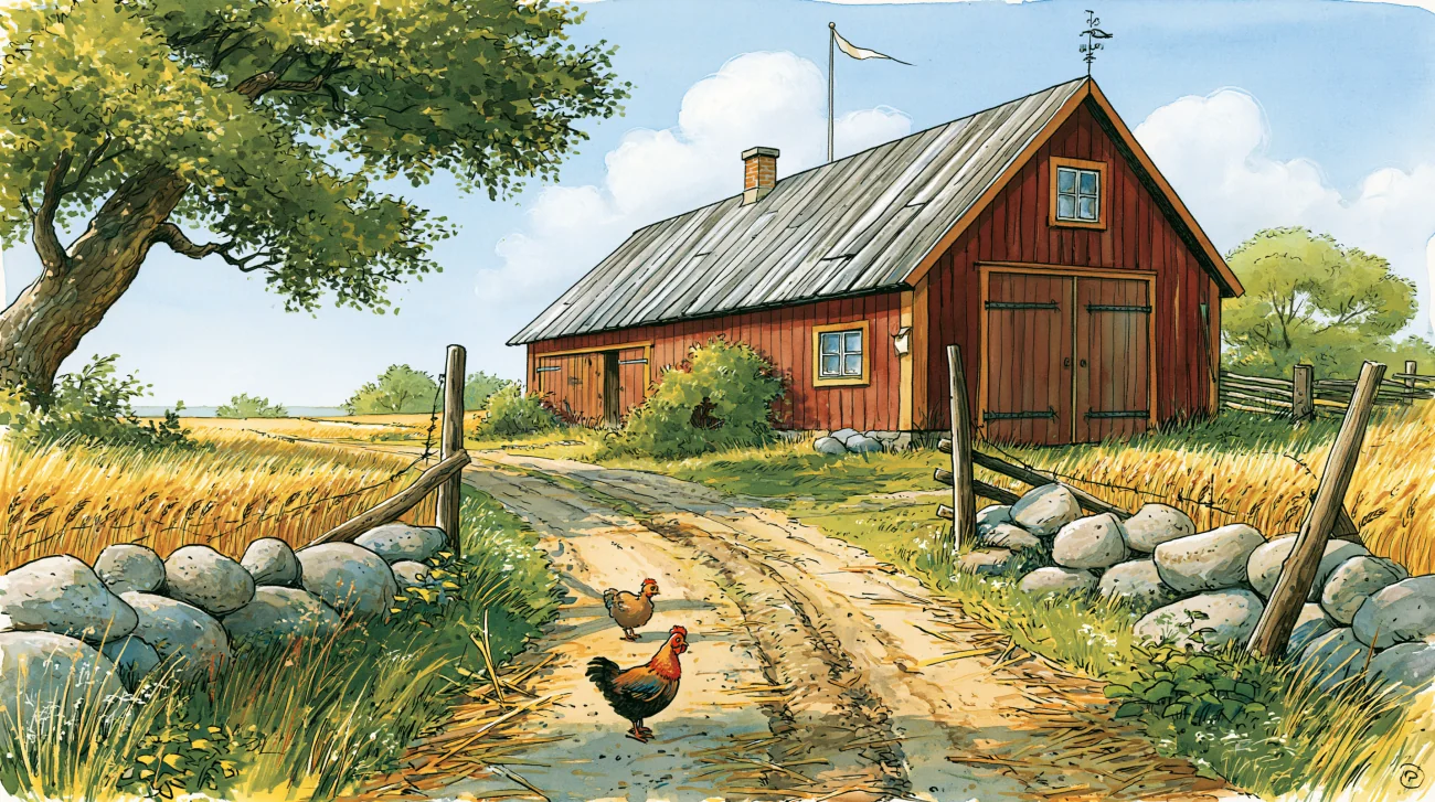 A long deep-red barn with tall doors at the end of a worn track through an open field, two hens on the track.