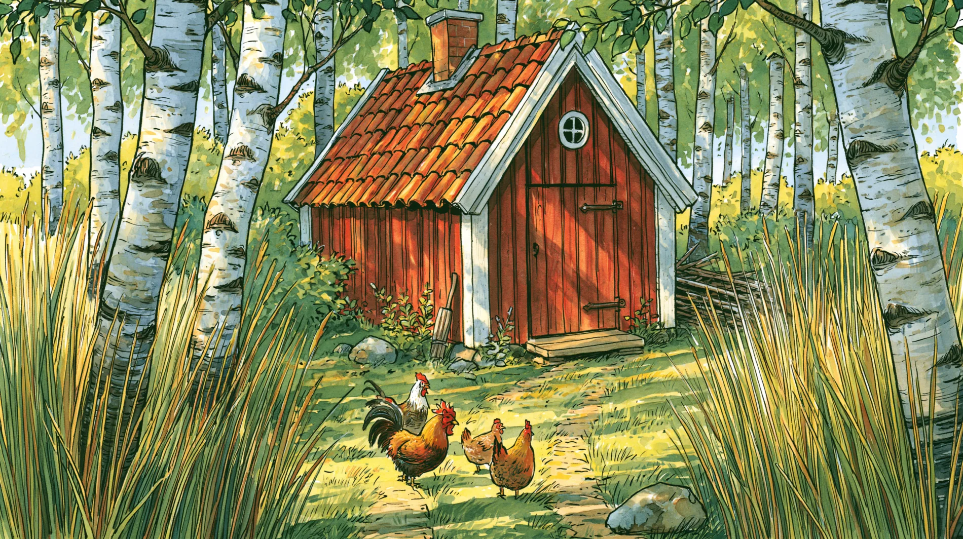 A red timber coop with a tiled roof standing among birches, a cockerel and two hens on the path outside it.