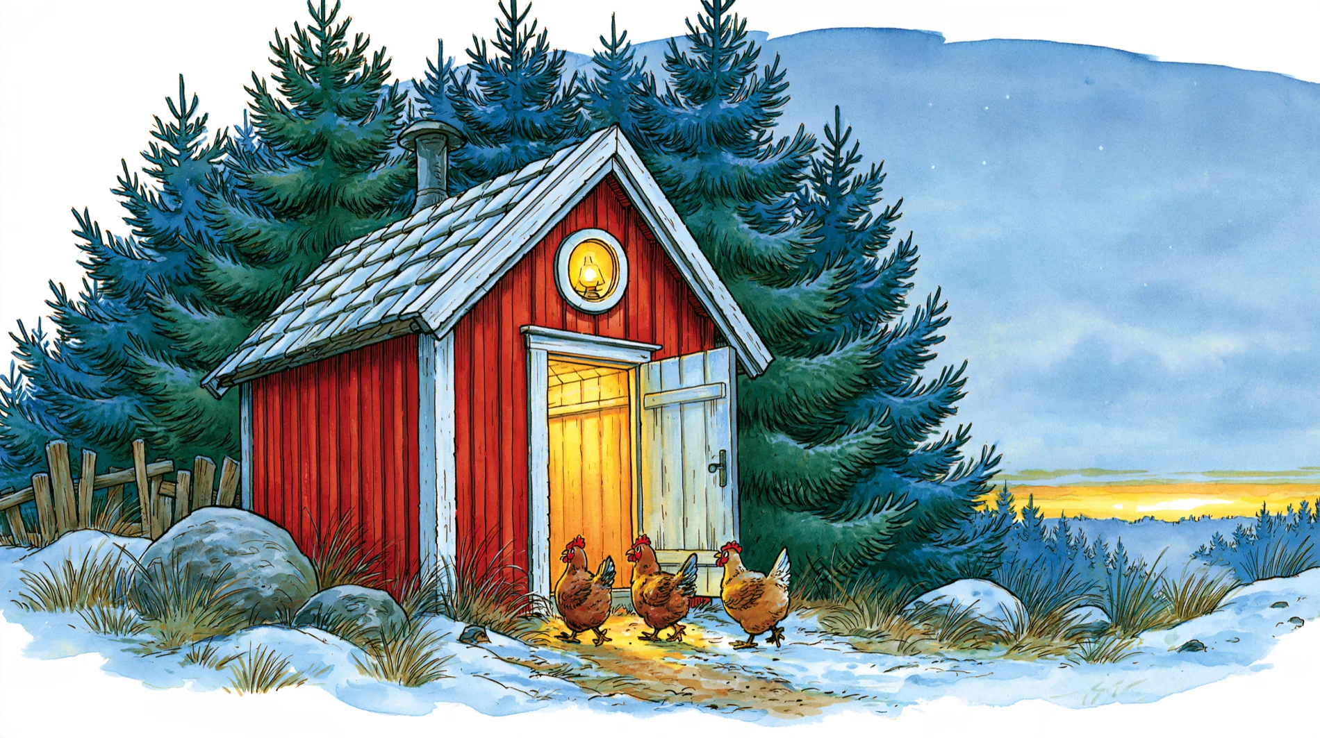 The coop at dusk with a lamp lit in the round window, three hens walking up the path to the open door.