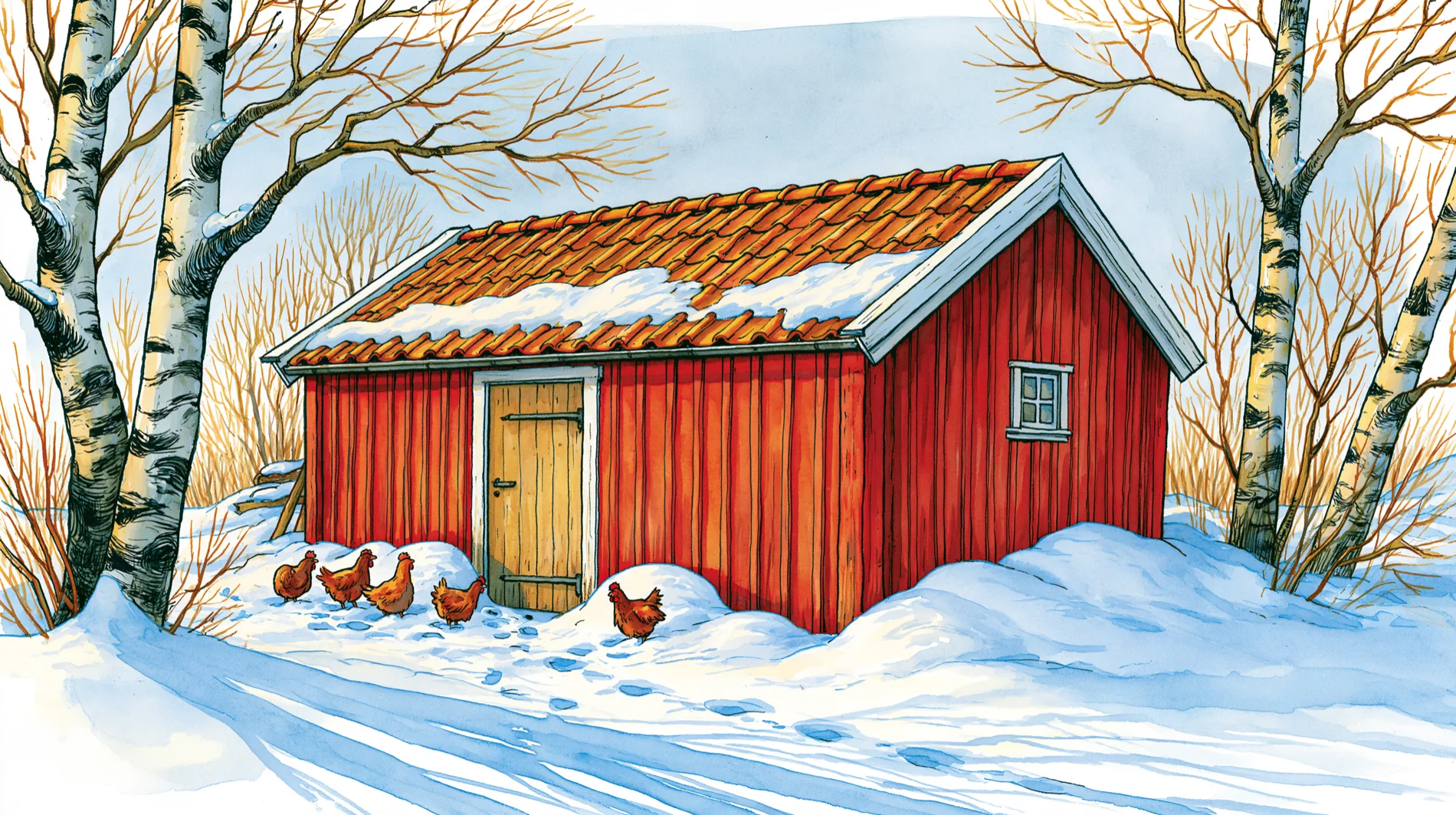 The red coop under deep snow, bare birches around it, four hens on the trodden path to the door.
