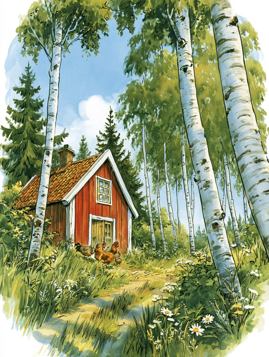 A red cottage among tall birches at the end of a worn path, with three hens in the grass outside the door.