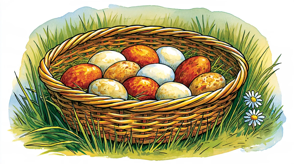 A wicker basket of brown, cream and speckled eggs sitting in grass, with two daisies beside it.