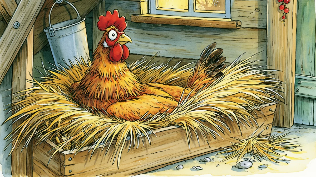 A buff hen sitting low and deep in a straw nest inside a wooden crate.