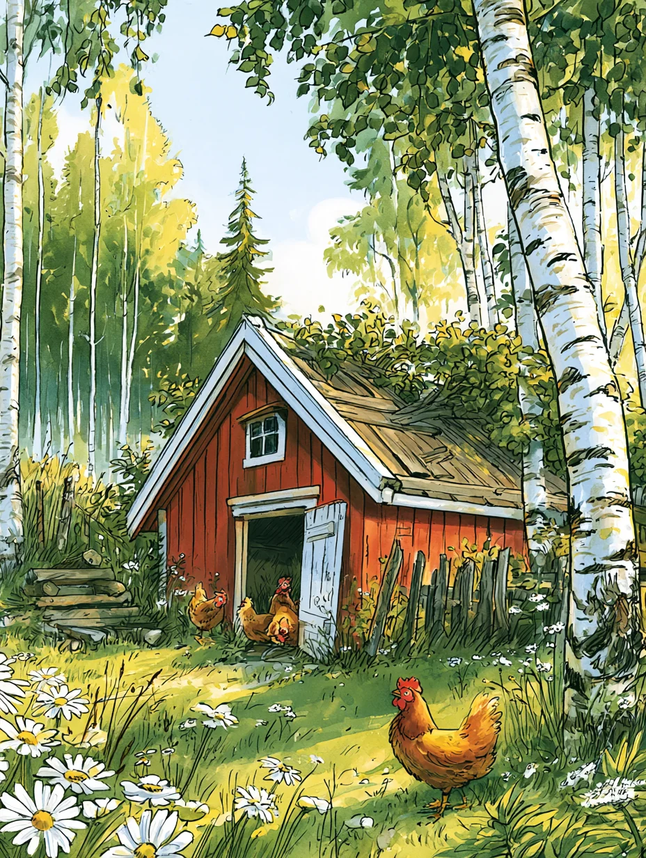A small red coop with a mossy plank roof, hens in the doorway and one hen standing among ox-eye daisies in the foreground.