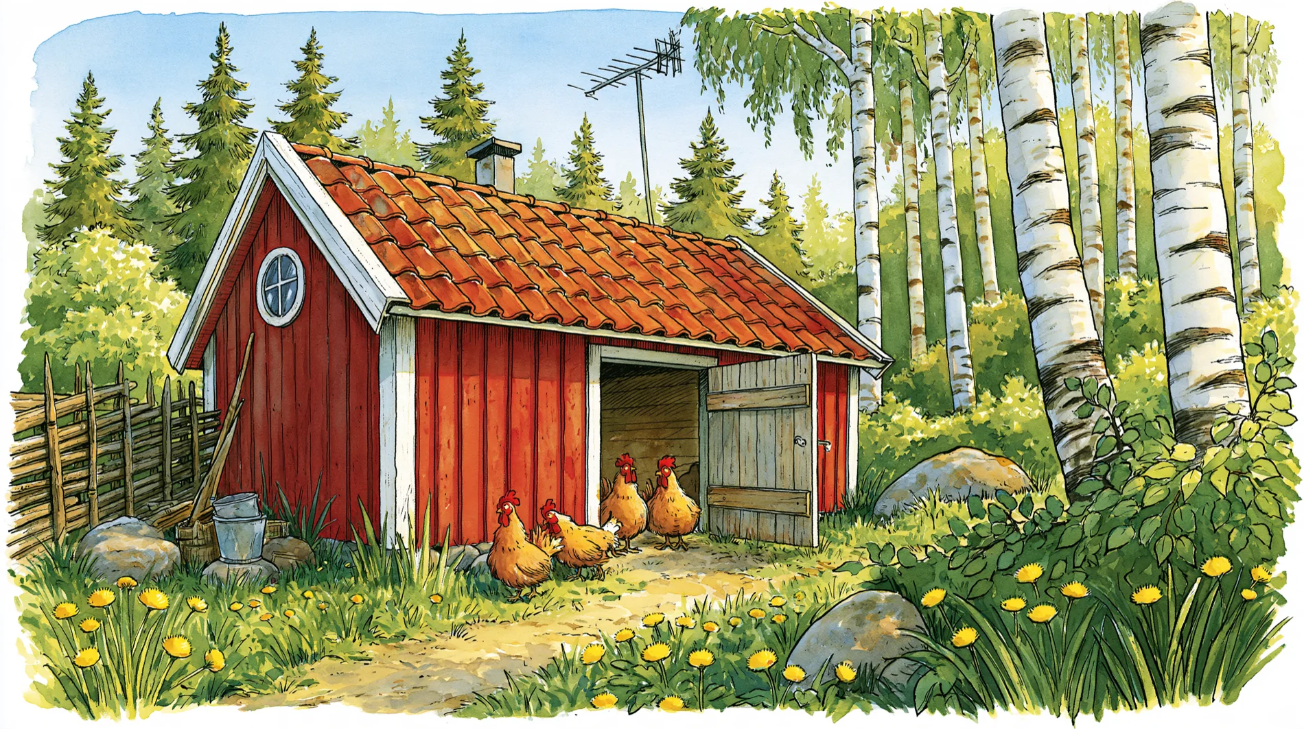 Four hens standing at the open door of a red coop, with a bucket and a wooden fence beside it.