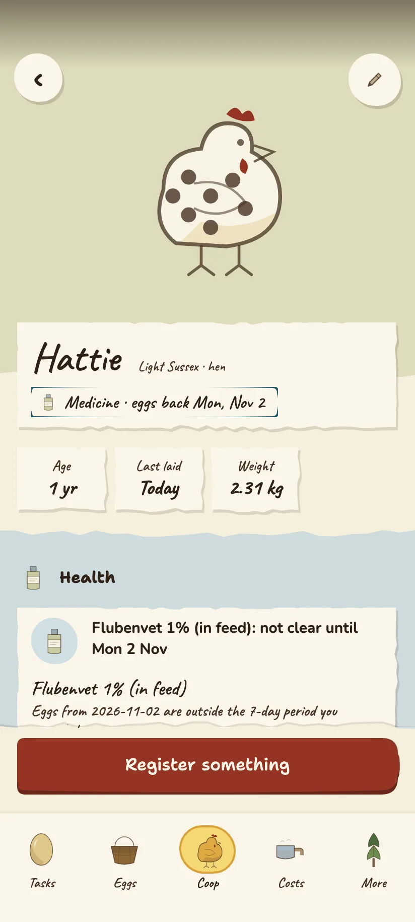 Hattie's page: her drawing, hen, about one year old, Light Sussex, and her weight over time.