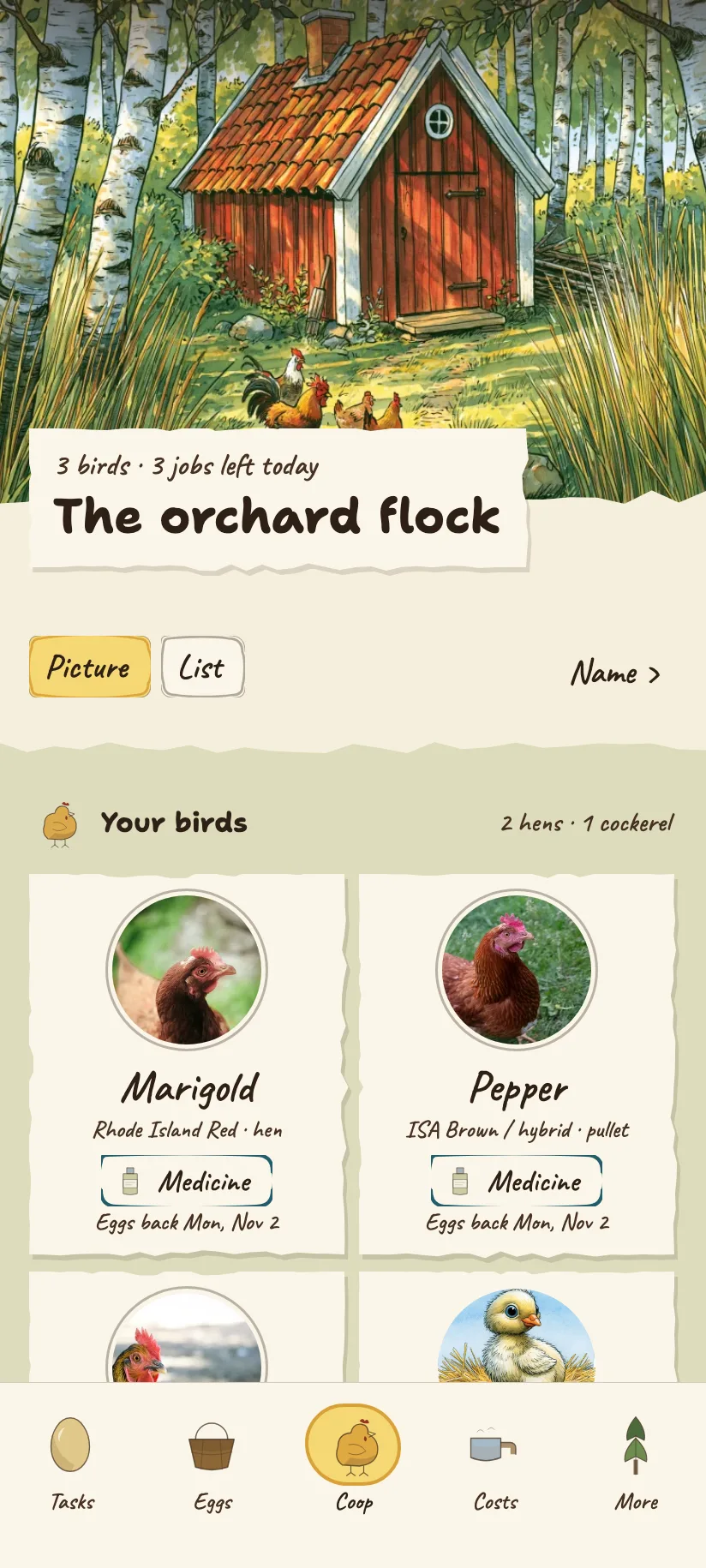 The Coop screen: six birds as cards, each with her name, whether she is a hen or a cockerel, and her breed.