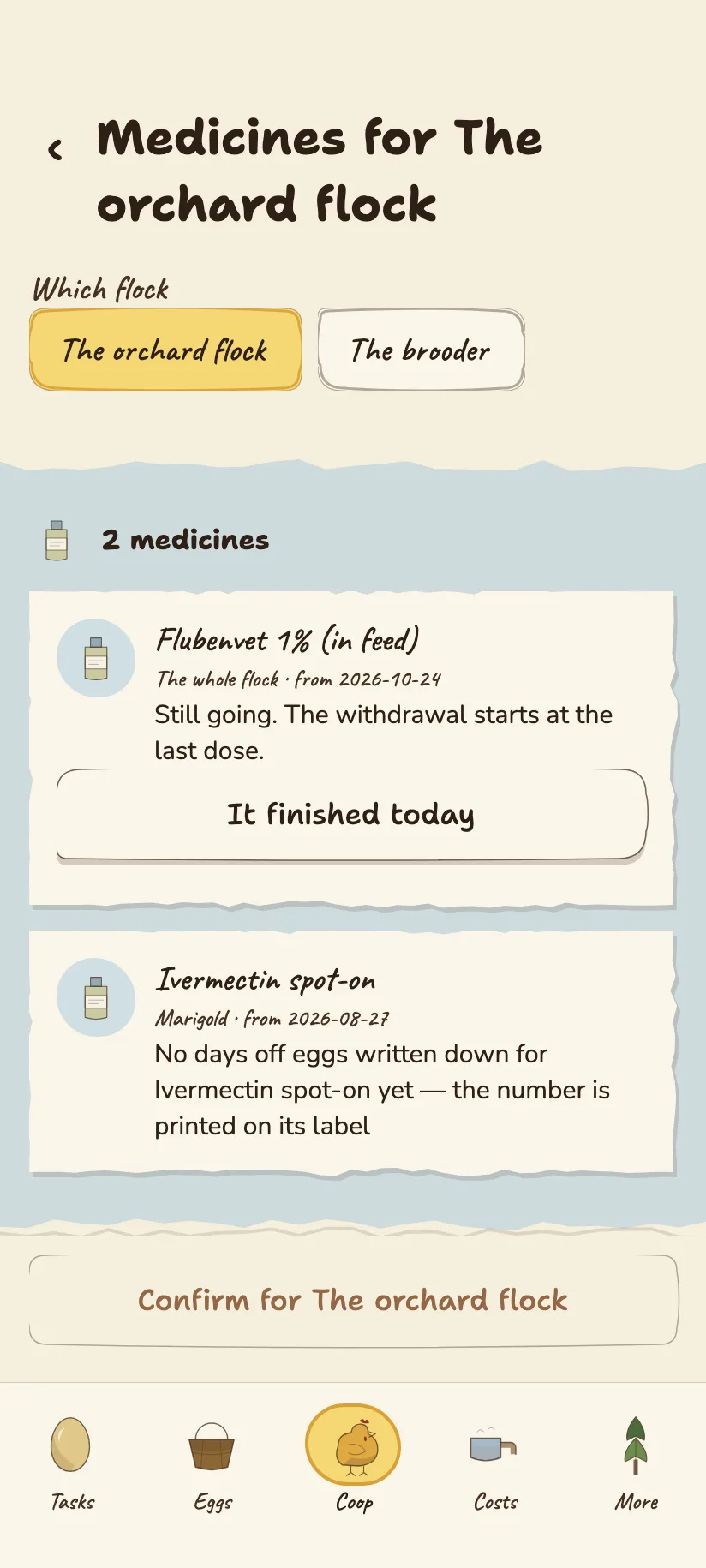The Medicines screen: two treatments, who had them, and when the days off eggs end.